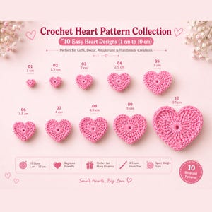 Crochet Heart Pattern | Easy Heart Applique Tutorial | 10 Sizes, Beginner-Friendly (PDF Download)
