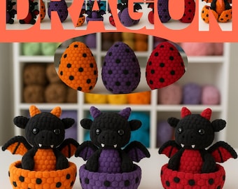 Gehäkelter Baby Drache schlüpft aus Ei | Halloween Amigurumi PDF | Low-Sew Plüsch Nähanleitung