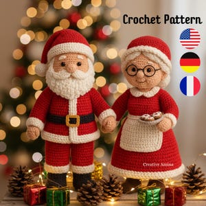 Può includere: Figure all'uncinetto di Babbo Natale e signora Claus. Babbo Natale indossa un abito rosso con barba bianca e cintura nera. Signora Claus ha un vestito rosso e tiene dei biscotti. L'immagine include il testo "Crochet Pattern" e "Creative Amina".