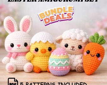 Amigurumi-Häkelanleitungen | Hase, Lamm, Ei, Karotte und Huhn (5 PDF-Dateien im Paket)