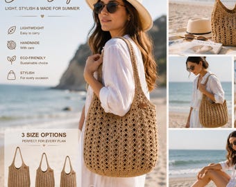 Häkelanleitung für eine Netz-Tragetasche (PDF), Markttasche, Strandtasche, lässige Schultertasche, 3 Größen, Boho-Häkeltasche, Sofort-Download
