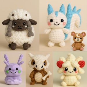 Pokemon 6-in-1 Amigurumi Crochet Pattern Bundle (PDF) – Alcremie, Cubone, Goomy, Pachirisu, Teddiursa & Wooloo Plushies