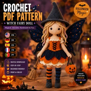 Mönster för virkad Halloween-häxa och älva med docka | Amigurumi PDF (digital nedladdning)