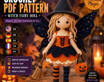 May include: A crochet witch fairy doll pattern featuring a doll with a black pointed hat, dark wings, an orange and black dress, striped stockings, and a small pumpkin basket. The text reads CROCHET PDF PATTERN WITCH FAIRY DOLL and DIGITAL DOWNLOAD.