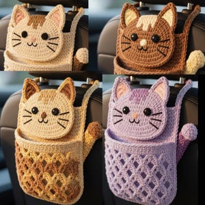 May include: Four crochet car organizers shaped like cats. Each cat has a different color scheme: beige with brown accents, brown with cream accents, tan with brown accents, and purple with pink accents. The organizers have a pocket and a tail.