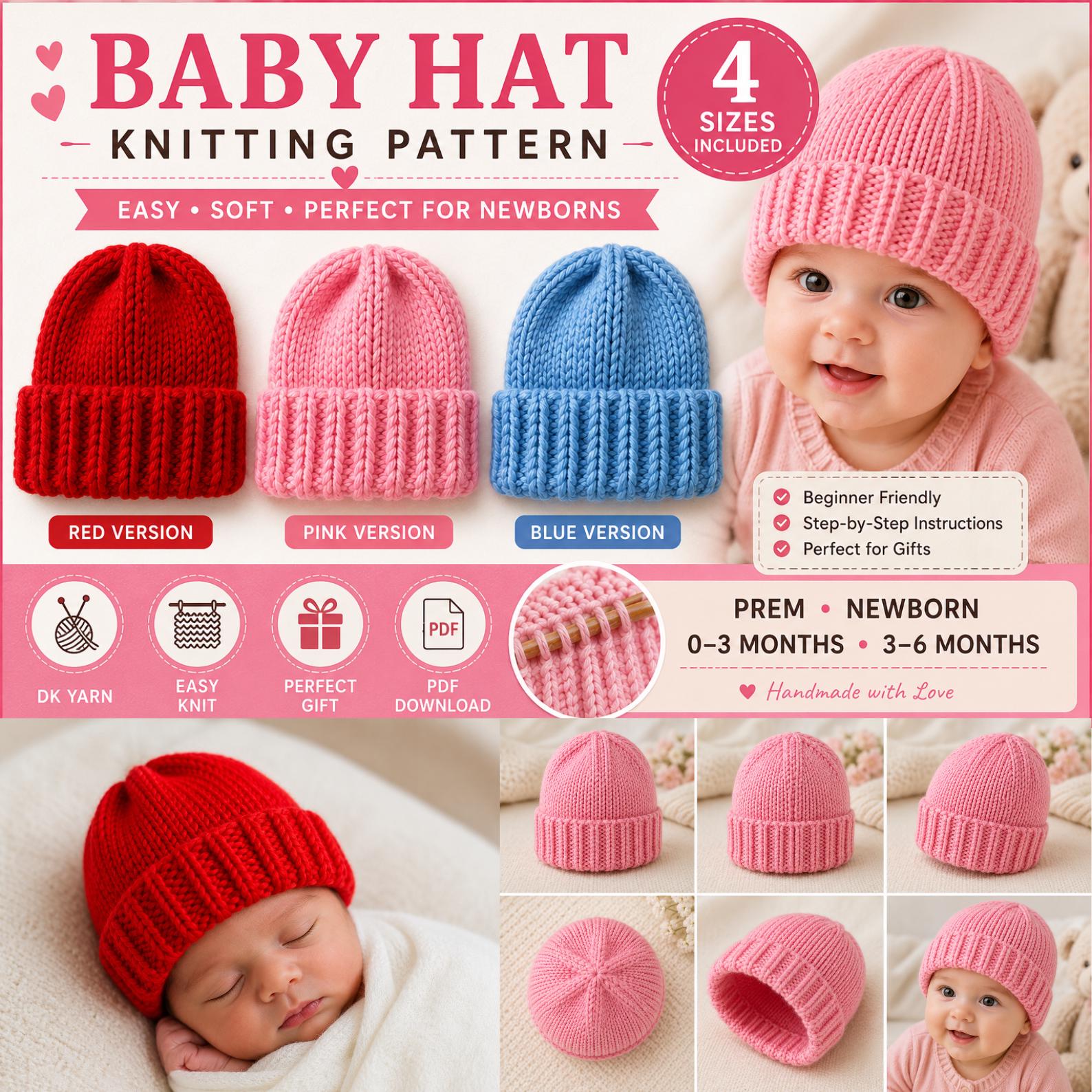 Easy Baby Hat Knitting Pattern, Prem Newborn Sizes (PDF Download) - Etsy