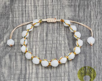 Handmade Natural White Agate Faceted Gemstone Bead Bracelet – Adjustable Cord Jewelry