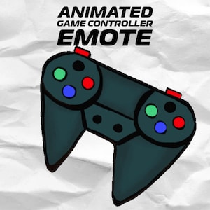 Könnte beinhalten: Ein schwarzer und grauer Videospiel-Controller mit roten, blauen und grünen Knöpfen. Der Text "ANIMATED GAME CONTROLLER EMOTE" befindet sich über dem Controller.