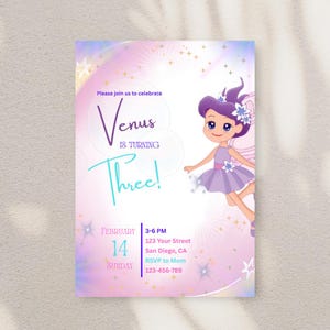 Fairy Birthday Invitation, Editable Digital Download, Girl&#39;s Birthday Party, Purple Fairy Theme, Instant Download, Printable Invitation