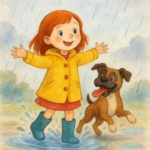 Może przedstawiać: Dziewczynka w żółtym płaszczu przeciwdeszczowym i niebieskich kaloszach idzie z brązowym psem po kałuży w deszczowy dzień. Tekst "Ruby's Rainy Day" znajduje się u góry obrazu, a "Staci Durham" u dołu.