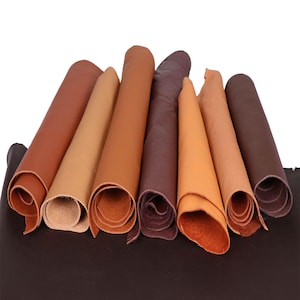 Può includere: Una collezione di pelli di cuoio arrotolate in varie tonalità di marrone, dal beige chiaro al cioccolato fondente. Le pelli sono disposte in fila, mostrando i loro diversi colori e consistenze. L'immagine è ben illuminata, evidenziando la grana naturale della pelle.