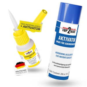 May include: Two bottles of Top2Glue adhesive products. One is a gel with a yellow cap and a white bottle, and the other is a blue and white spray can. The text on the bottles includes "Sekundenkleber + Aktivator" and "Hardening Accelerator for Instant Adhesive."