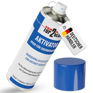 Puede incluir: Un bote de spray blanco y azul con el texto "AKTIVATOR" y "HARDENING ACCELERATOR FOR INSTANT ADHESIVE". El bote tiene una tapa azul y una etiqueta que dice "DEUTSCHER HÄNDLER". Contiene 200 ml.
