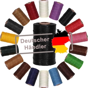 Könnte beinhalten: Eine Sammlung farbiger Wachsfadenspulen, die um eine große schwarze Spule angeordnet sind. Die Spulen sind in verschiedenen Farben erhältlich, darunter Rot, Gelb, Grün und Blau. Der Text "Deutscher Händler" ist sichtbar.