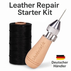 Puede incluir: Un kit de inicio para la reparación de cuero con un carrete de hilo negro y una lezna con mango de madera. El texto "Leather Repair Starter Kit" está en la parte superior de la imagen.