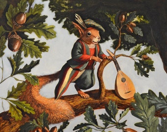 May include: A squirrel wearing a red, green, and white outfit plays a lute while perched on a tree branch. The squirrel has a feathered hat and a bushy tail. The background is a forest scene with green leaves and acorns.