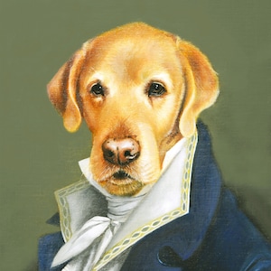 Puede incluir: Una pintura de un labrador retriever dorado que lleva una chaqueta azul con una corbata blanca y ribetes dorados. El perro tiene una expresión seria y mira directamente al espectador. La pintura está firmada "Olivia Beaumont" en la esquina inferior derecha.