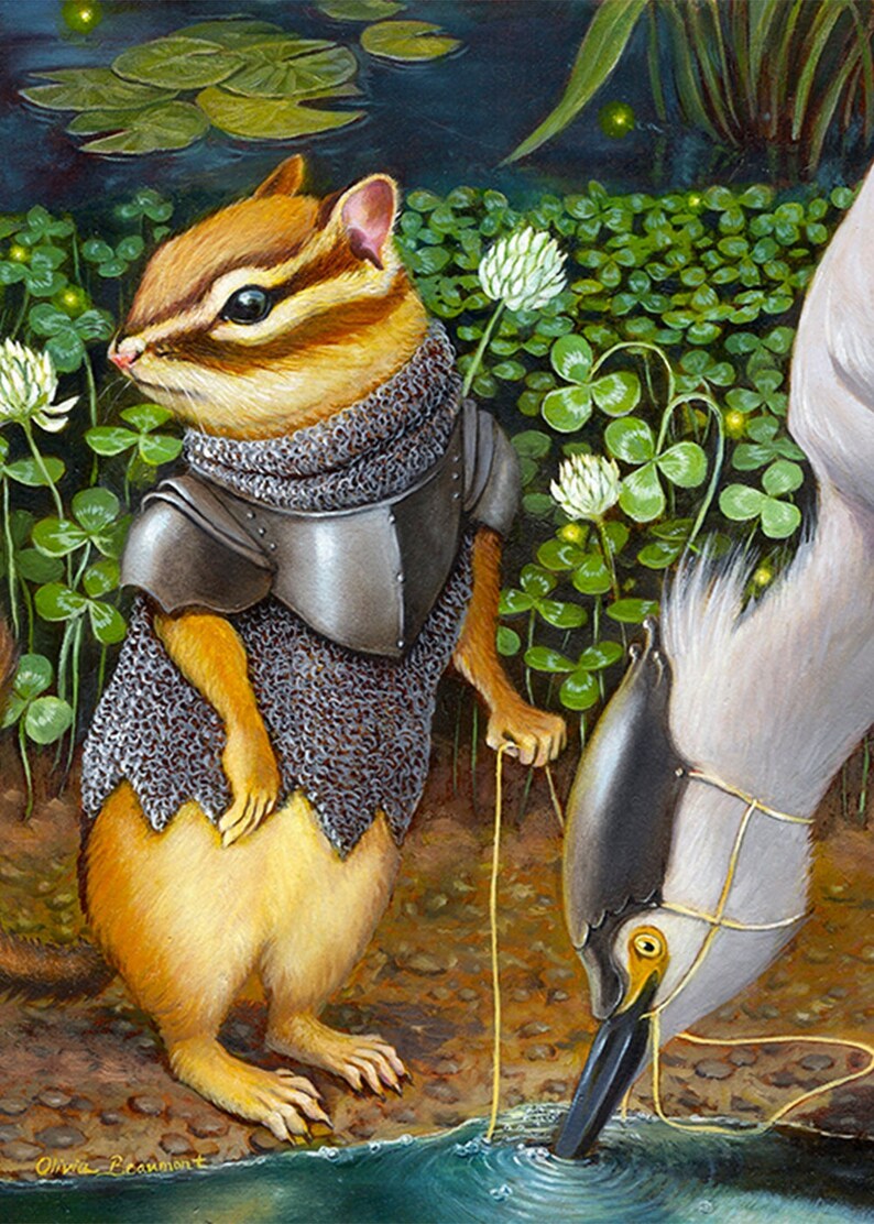 May include: A small, brown and white chipmunk wearing chainmail armor holds a fishing line with a white heron at the other end. The heron is in the water with its beak submerged. The scene is set in a forest with green leaves and white clover flowers.