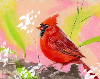 Cardinal Bird Art Print - Red Bird, Pink Sky