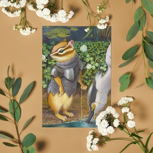 May include: A watercolor painting of a chipmunk wearing armor and a bird with a long beak. The chipmunk is standing on a green leaf and the bird is flying in the air. The background is a green forest with flowers.