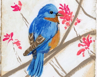 Impressão artística de pássaro azul - dia feliz