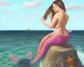 Arte original de pintura a óleo de sereia