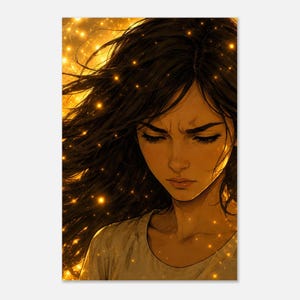 Könnte beinhalten: Eine digitale Illustration einer Person mit langem, dunklem, fließendem Haar, die mit einem ernsten Ausdruck nach unten blickt. Der Hintergrund ist mit leuchtenden goldenen Lichtpartikeln und Funken gefüllt, die das Gesicht beleuchten.