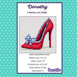 May include: A digital needlepoint chart featuring a red high-heeled shoe with a blue and white bow. The chart is labeled "Dorothy" and includes details such as pattern size, fabric count, and finished size of 4.0 x 4.0 inches.