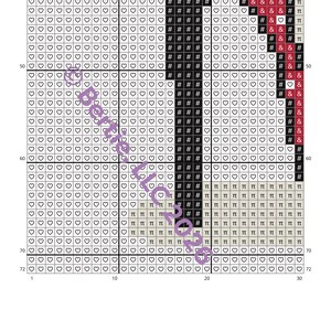 May include: A cross-stitch pattern chart with a grid of squares. The chart uses black, red, and tan symbols to create a design. The background is white with heart symbols. The text "@Bertie LLC 2026" is visible.