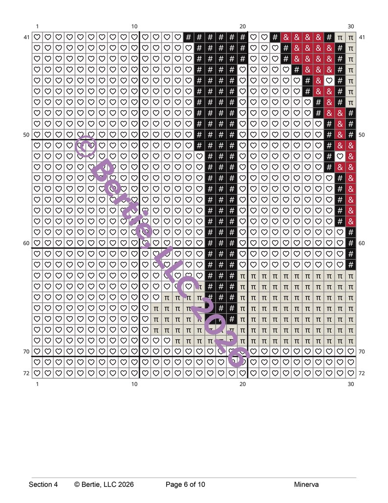 May include: A cross-stitch pattern chart with a grid of squares. The chart uses black, red, and tan symbols to create a design. The background is white with heart symbols. The text "@Bertie LLC 2026" is visible.