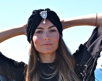 Velvet Crystal Turban / Black Crystal Turban / Black Turban Hat / Kristin Perry