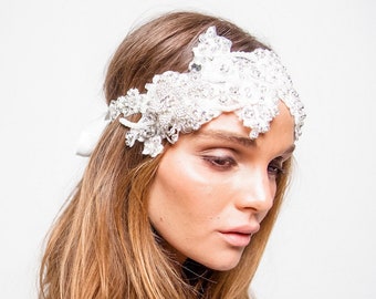 Handmade Beaded Lace Bridal Headpiece, Crystal Pearl Flower - Kristin Perry
