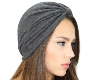 Grey Knit Turban Headband: Merino Wool Hacci Brush, Handmade