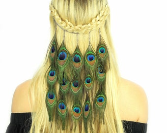 Peacock Feather Hairpiece: Silver Chain Feather Hair Grip