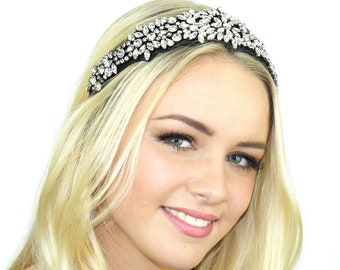 Suede Crystal Headband / Rhinestone Headpiece / Black Crystal Leather Headband