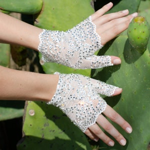 Beaded Bridal Gloves / Fingerless Lace Wedding Gloves / Beige Beaded Fingerless Gloves / Crystal Sheer Fingerless Gloves / Kristin Perry