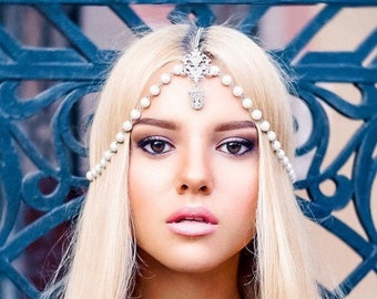 Bridal Pearl Chain Headpiece, made with Swarovski Crystals, Gatsby Style