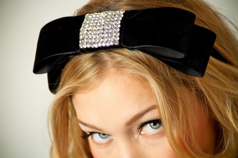 Black Velvet Bow Headband / Crystal Bow Headband / Womens Etsy