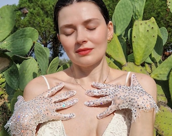 Crystal Eyelash Lace Bridal Gloves- Austrian Crystal Beaded Wedding Gloves White Glam Bride