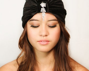 Black Velvet Turban Hat: Swarovski Crystal Rhinestone Pendant