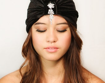 Black Velvet Crystal Turban / Black Crystal Turban / Black Turban Hat / Kristin Perry