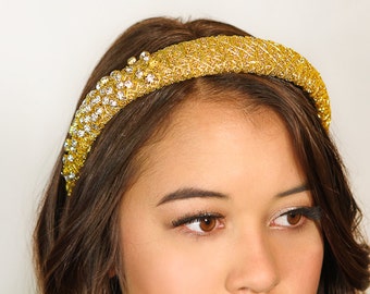 Rhinestone Beaded Headband / Gold Crystal Rhinestone Headband / Gold Holiday Headband / Kristin Perry