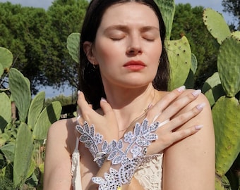 Austrian Crystal Bridal Lace Gloves with Silk Ties | Fingerless Wedding Gloves | Luxury Beaded Lace Gloves