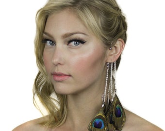 Peacock feather ear hook cuff hanger earring