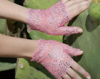 Pink Crystal AB Beaded Lace Gloves- Fingerless Premium Crystal Gloves Kristin Perry