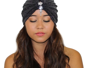 Metallic Crystal Stretch Full Turban Headband Headwrap Ear Warmer Hat Ladies Accessories