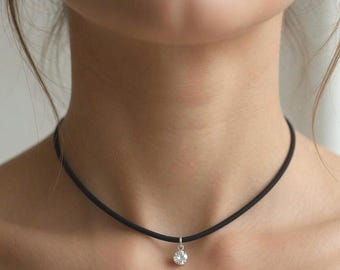Black Suede Choker Necklace with Swarovski Crystal Pendant / Minimalist Sparkle Choker / Dainty Everyday Necklace / Gift for Her