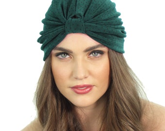 Emerald Green Velvet Turban: Polka Dot Stretch Knit Headwrap