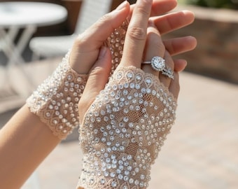 Crystal Beaded Bridal Lace Gloves- Fingerless Premium Crystal Gloves Kristin Perry