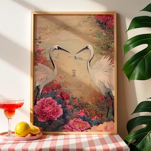 Japanese Crane Wall Art Digital Download | Antique Scroll Bird Poster | Japandi Floral Print Maximalist Heron Crane Artwork Printable Decor